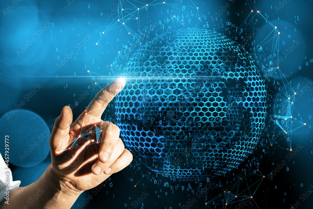 Aufkleber Close up of businessman hand pointing abstract globe sphere with coding and polygonal network on blue background. Future and digital world concept. Double exposure.