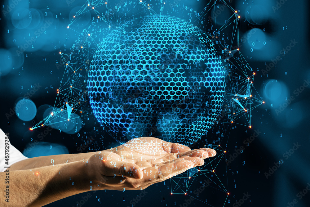 Poster Close up of male hand holding abstract globe sphere with coding and polygonal network. Future and digital world concept. Double exposure.