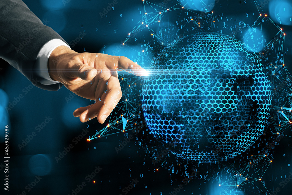 Poster Close up of man hand pointing abstract globe sphere with coding and polygonal network on blue background. Future and digital world concept. Double exposure.