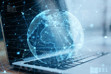Close up of laptop with abstract globe sphere with coding and polygonal network. Future, technology and digital world concept. Double exposure.