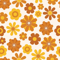 70s and 60s orange and yellow floral seamless vector pattern. Groovy, funky, vintage retro seventies and sixties style flower design. 1970s themed repeat background wallpaper texture print. 