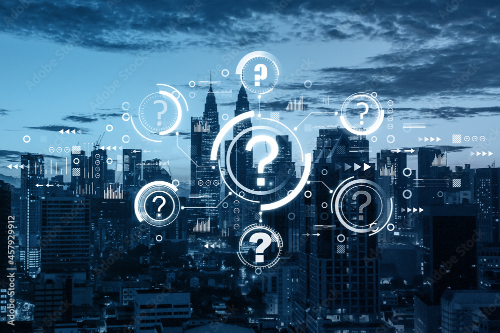 Poster abstract glowing question marks interface on blurry night city backdrop. technology, faq, online hel