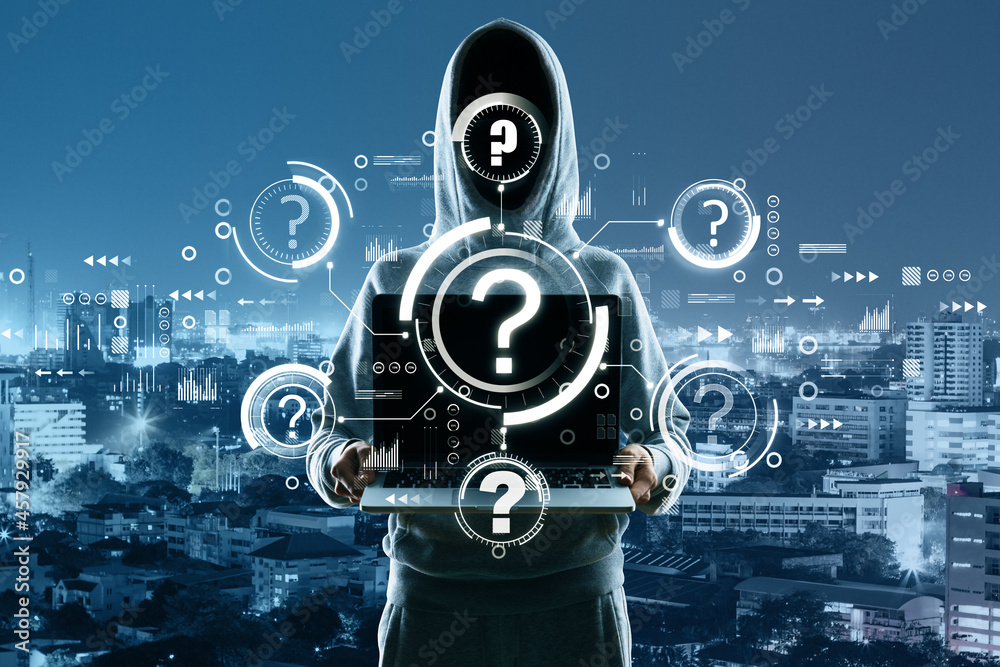 Poster hacker holding tablet with abstract glowing question marks interface on blurry night city background