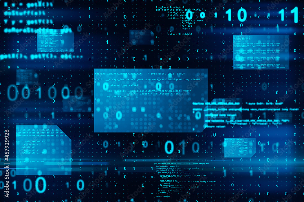 Aufkleber Abstract glowing blue coding background. Binary code, technology, data and internet concept. 3D Rendering.
