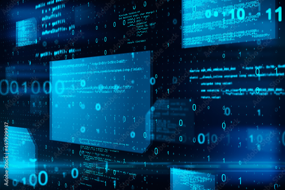 Fototapete Abstract glowing blue coding backdrop. Binary code, technology, data and internet concept. 3D Rendering.