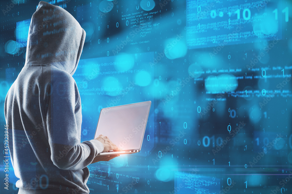 Poster Hacker in hoodie using laptop with abstract glowing blue coding background. Binary code, theft, technology, data and internet concept. Double exposure.