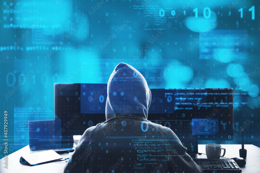 Aufkleber Back view of hacker at desktop using computer with abstract glowing blue coding background. Binary code, theft, technology, data and internet concept. Double exposure.