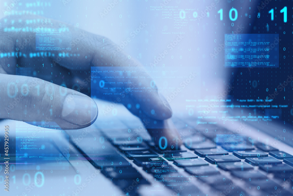 Aufkleber Close up of hand using laptop at desktop with abstract glowing blue coding background. Binary code, technology, data and internet concept. Double exposure.