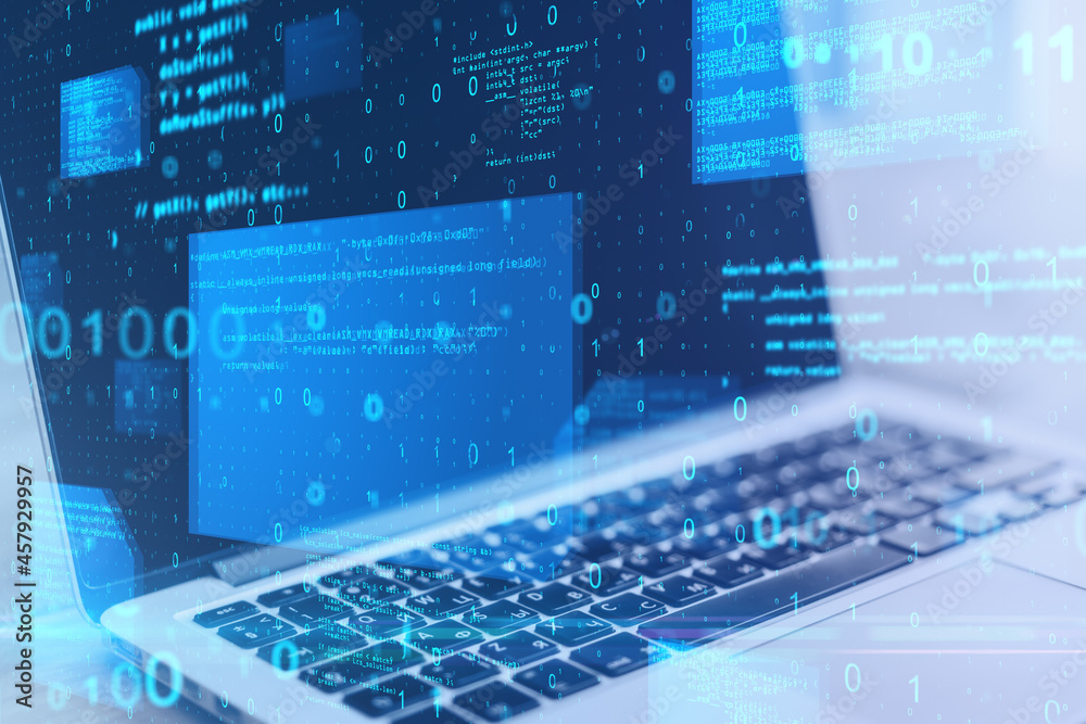 Poster Close up of laptop at desktop with abstract glowing blue coding background. Binary code, technology, data and internet concept. Double exposure.