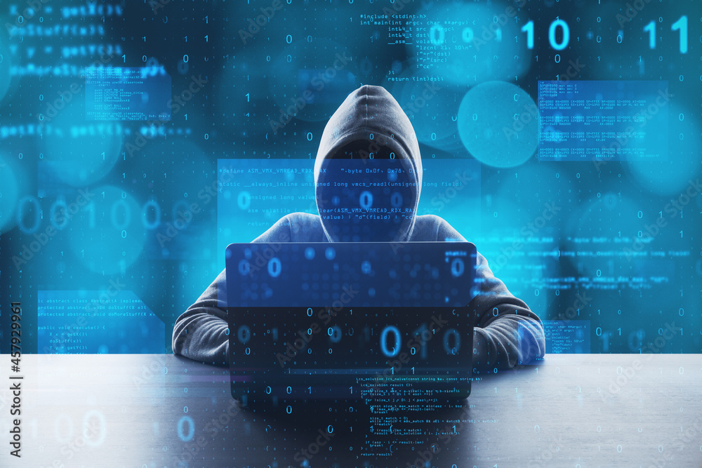 Aufkleber Hacker at desktop using laptop with abstract glowing blue coding background. Binary code, theft, technology, data and internet concept. Double exposure.