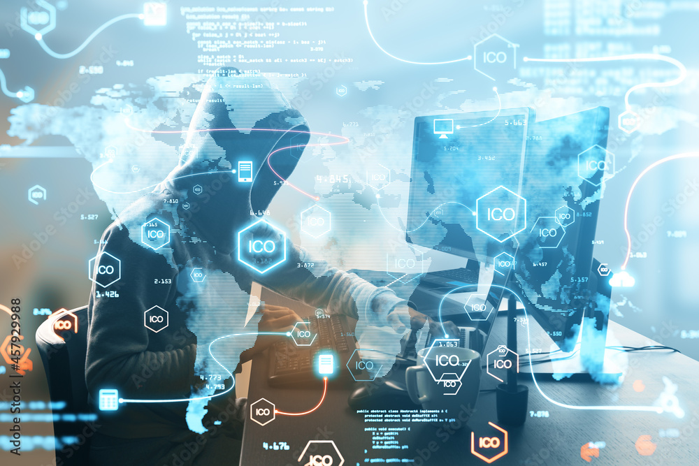 Poster Hacker at desktop using computer with creative glowing ico hologram with icons and map on blurry background. Initial coin offering, malware and cryptocurrency concept. Double exposure.