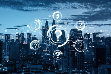 Abstract glowing question marks interface on blurry night city backdrop. Technology, faq, online help, problem solution concept. Double exposure.