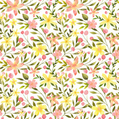 Watercolor floral seamless pattern. Hand drawn delicate botanical repeat print. Flowers and leaves vintage design. Cute background for textile, fabric, apparel, wrapping paper, packaging, wallpaper.
