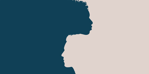 Racial equality anti-racism concept poster. Profile head silhouette of African American man intersecting into another Caucasian man. Diversity multiethnic people.Diverse. Banner copy space