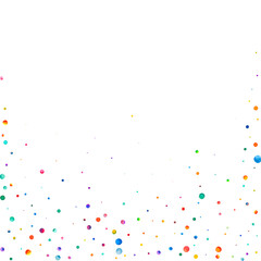 Watercolor confetti on white background. Actual rainbow colored dots. Happy celebration square colorful bright card. Charming hand painted confetti.