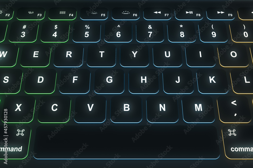 Aufkleber Close up of neon computer keyboard. Technology and device concept. 3D Rendering.