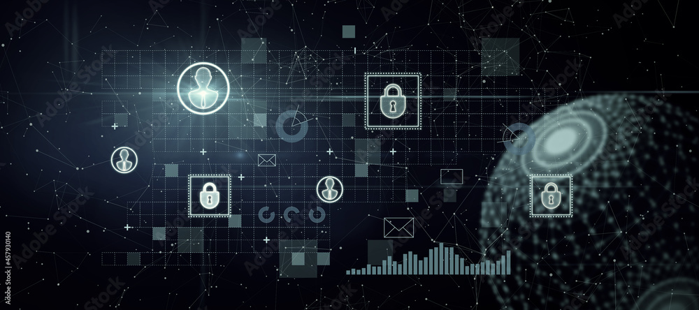 Poster Abstract glowing business interface with globe and communication icons. Network, digital transformation, finance and ai concept. 3D Rendering.