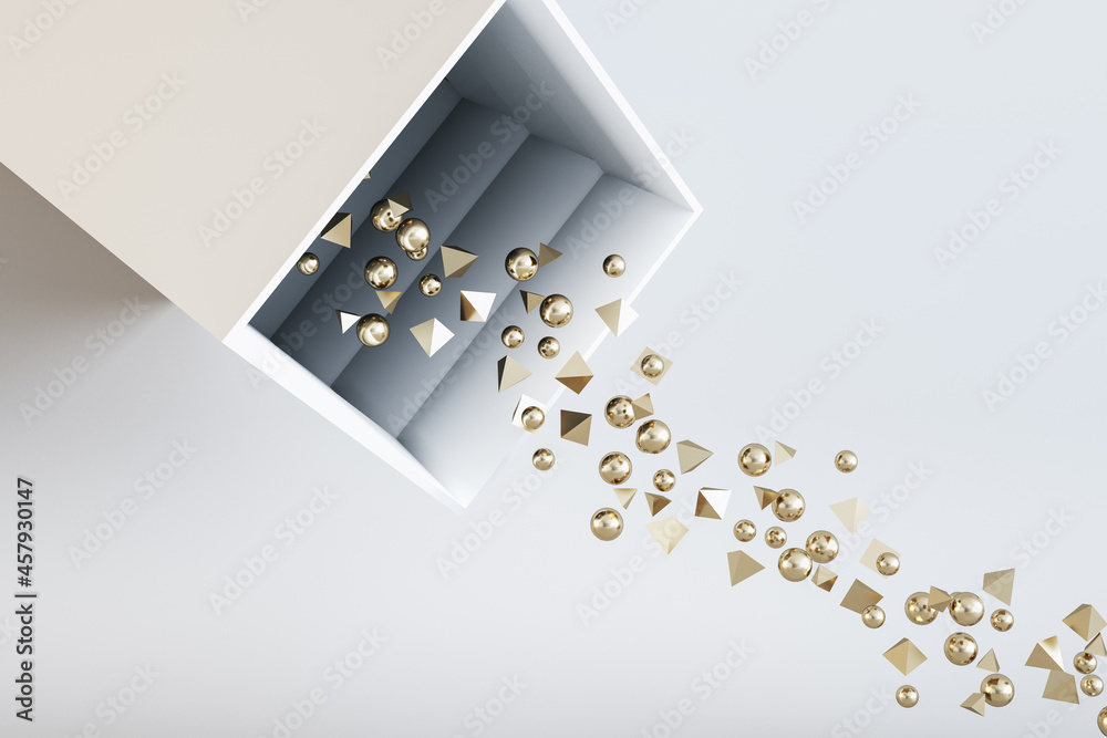 Poster Abstract round and triangular golden particles falling out of box on light background. Celebration concept. 3D Rendering.