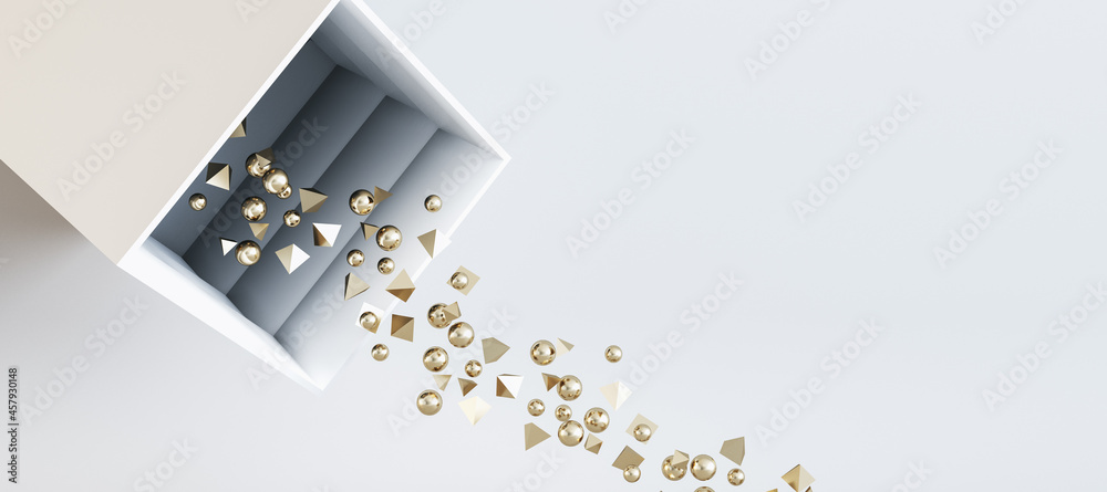 Poster Abstract round and triangular golden particles falling out of box on panoramic light background with mock up place. Celebration concept. 3D Rendering.