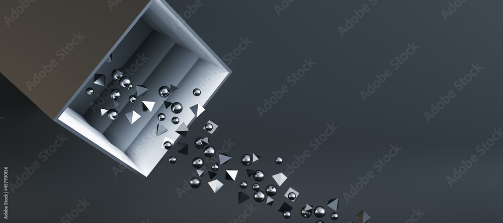 Poster Abstract round and triangular silver particles falling out of box on panoramic dark background with mock up place. Celebration concept. 3D Rendering.