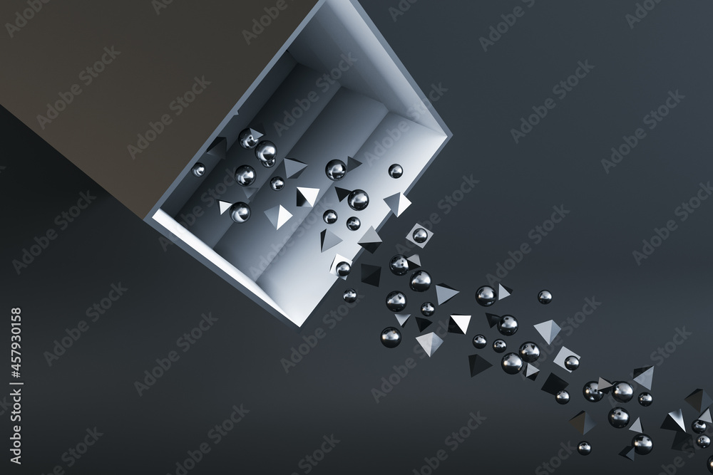 Poster Abstract round and triangular silver particles falling out of box on dark background. Celebration concept. 3D Rendering.