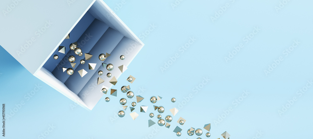Aufkleber Abstract round and triangular silver particles falling out of box on panoramic blue background with mock up place. Celebration concept. 3D Rendering.