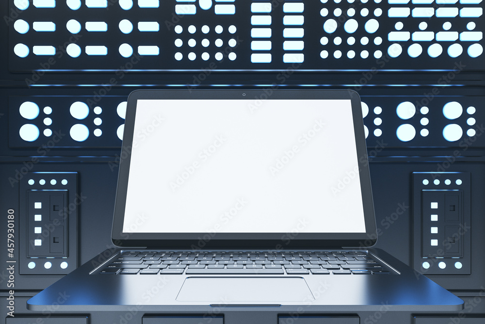 Poster Close up of empty white laptop on dark server room background. Mock up, 3D Rendering.