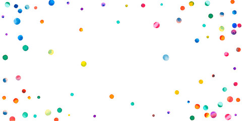 Watercolor confetti on white background. Alive rainbow colored dots. Happy celebration wide colorful bright card. Fantastic hand painted confetti.