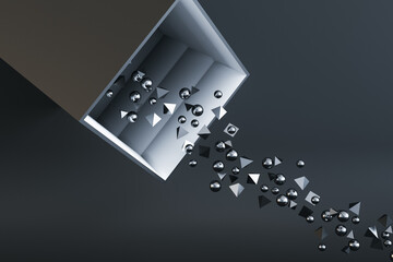 Abstract round and triangular silver particles falling out of box on dark background. Celebration concept. 3D Rendering.