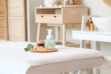 Spa supplies on table in beauty salon