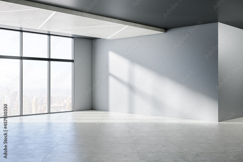 Poster minimalistic empty concrete room interior with windows, city view, sunlight and shadows. 3d renderin