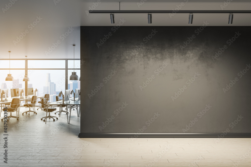 Poster blank wall with mock up place in contemporary office interior with window and city view. 3d renderin