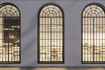 Creative business center exterior with windows and shadows at night. 3D Rendering.