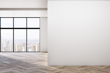 Modern empty concrete room interior with blank mock up place on wall, windows, city view, sunlight, wooden flooring and shadows. 3D Rendering.