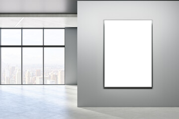 Modern empty concrete room interior with blank mock up frame on wall, windows, city view, sunlight and shadows. 3D Rendering.