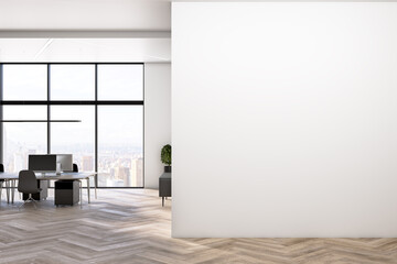 Modern concrete office interior with blank mock up place on wall, wooden flooring, windows, city view, sunlight, equipment and furniture. 3D Rendering.
