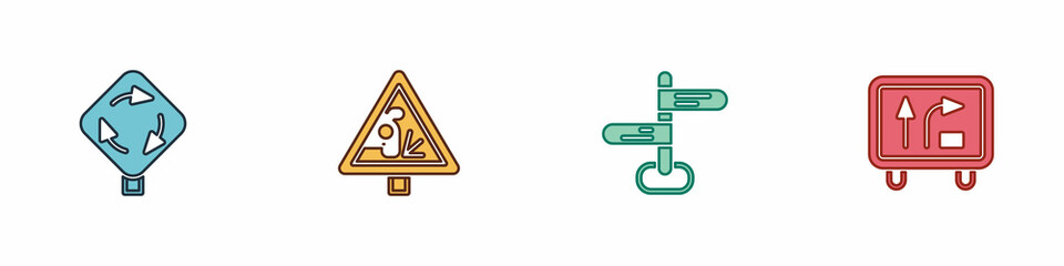 Set Roundabout traffic sign, Warning road, Road and icon. Vector