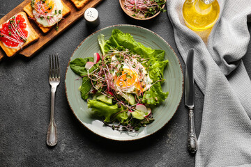 Plate of tasty salad with vegetables, fried egg and micro green on dark background