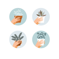House plants in hands. Set of illustrations in flat style. Vector home flowers icons, potted flowers emblems. - 457930941