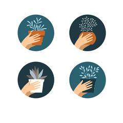 House plants in hands. Set of illustrations in flat style. Vector home flowers icons, potted flowers emblems.