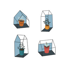 Set of Illustrations of a flower pot in a cute tiny house. Nice house logo. Growing, farming, nature concept. Emblem for a flower shop, eco farm and more. - 457930958