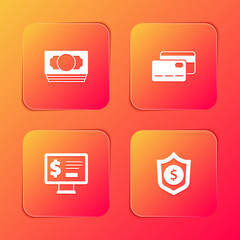 Set Stacks paper money cash, Credit card, Monitor with dollar and Shield icon. Vector