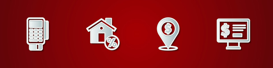 Set POS terminal with credit card, House percant discount, Cash location and Monitor dollar icon. Vector