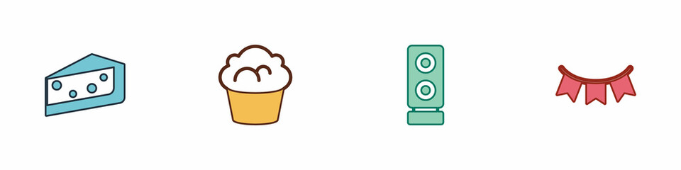 Set Piece of cake, Muffin, Stereo speaker and Carnival garland with flags icon. Vector