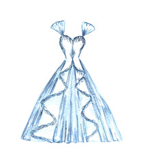 watercolor Wedding dress illustration. tender wedding clothe in light blue color