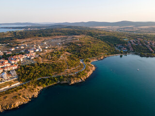 Aerial sunset view of old town and port of Sozopol, Bulgaria