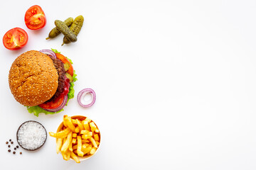 Bbq hamburgers with fries isolated on white. Top view