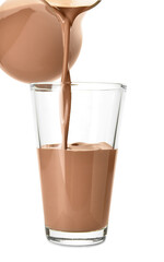 Pouring of tasty chocolate milk in glass on white background
