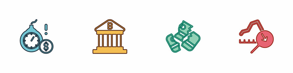 Set Money bomb dollar crisis, Bank building, Credit card and Global economic icon. Vector