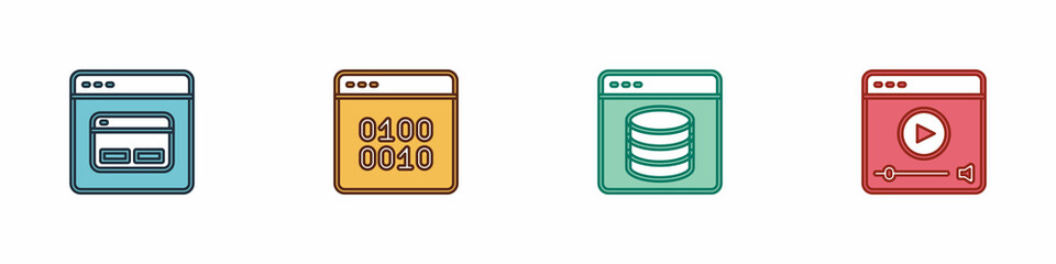 Set Search engine, Binary code, Server, Data, Web Hosting and Online play video icon. Vector